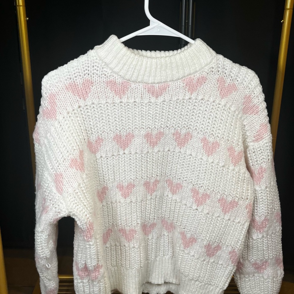 Cozy White and Pink Heart Sweater
